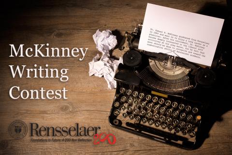An image with a vintage typewriter on a wooden table. McKinney Writing Contest is written on the left side in white with the Rensselaer logo at the bottom in black